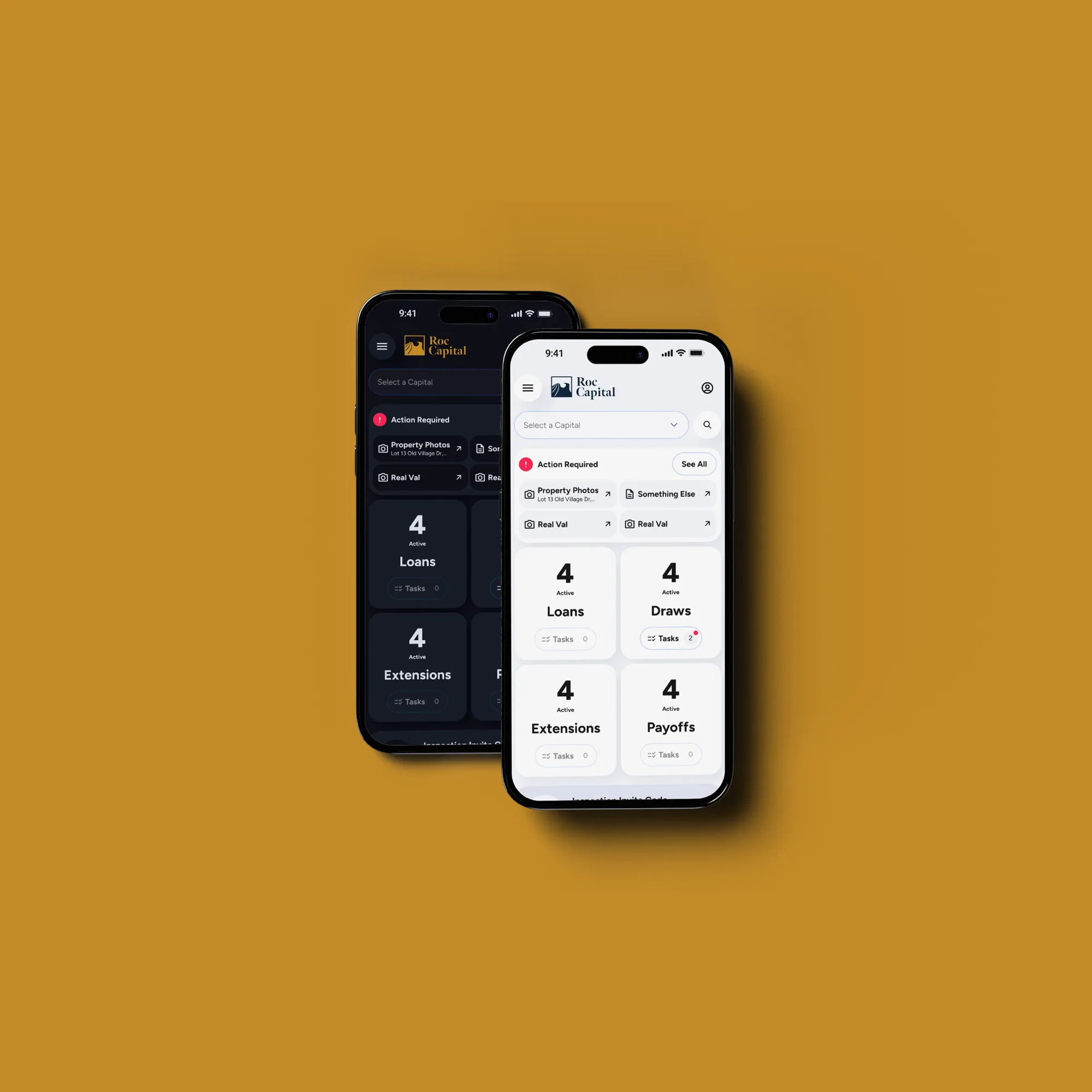 ROC360 case study: two phones, light and dark, on a mustard background