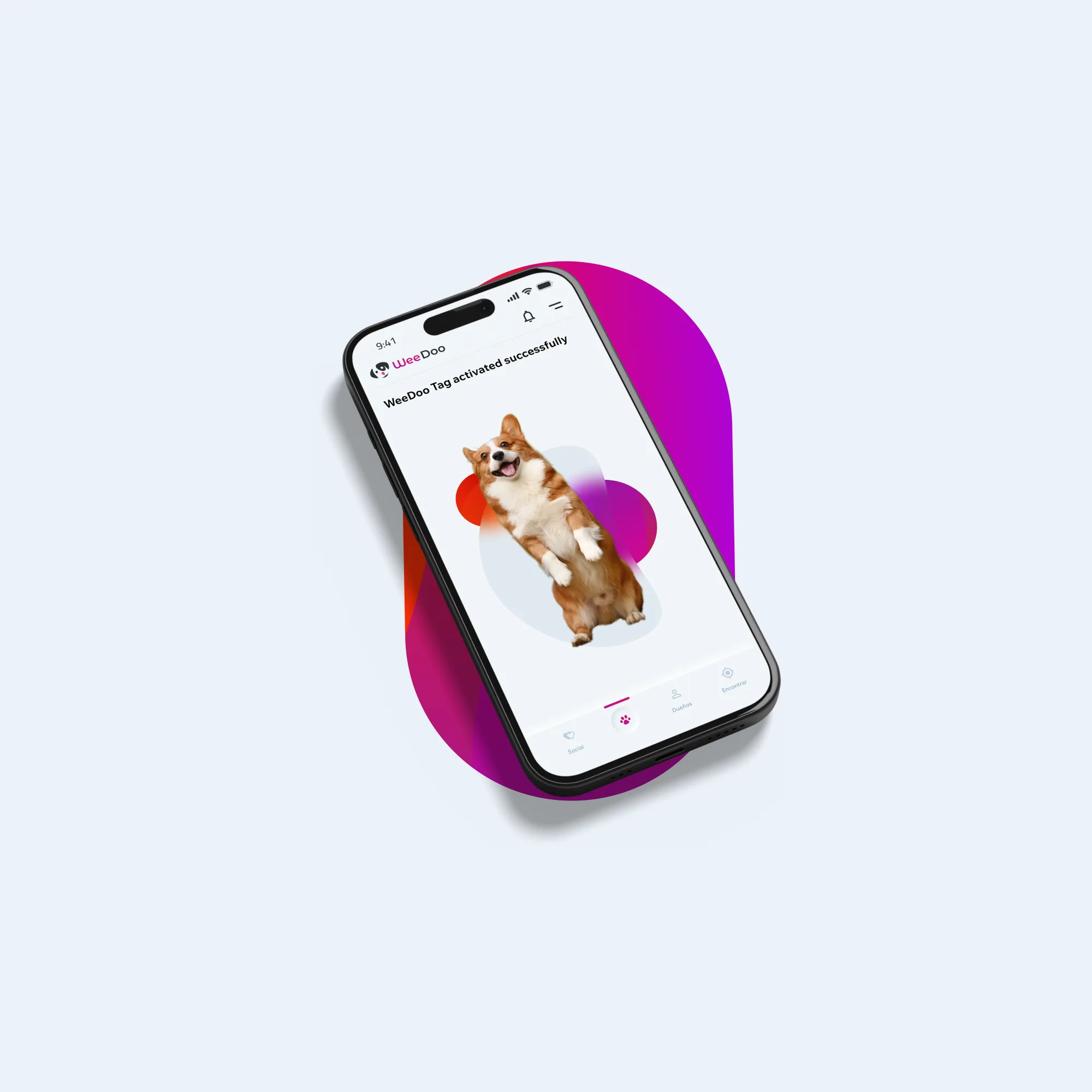 WeeDoo case study — phone with the pet app on a light blue background