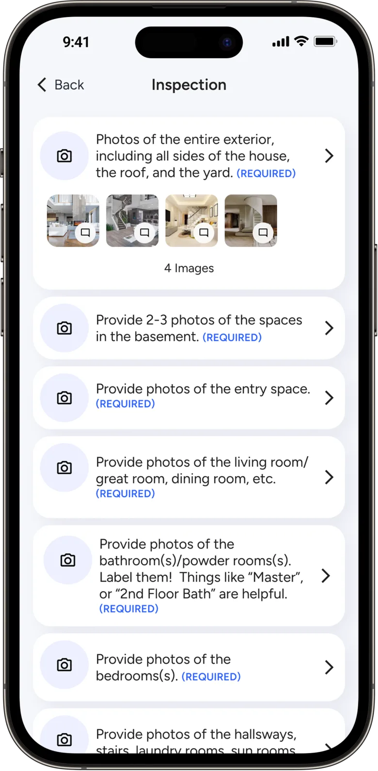 ROC app: the inspection checklist, each item asking for a set of property photos