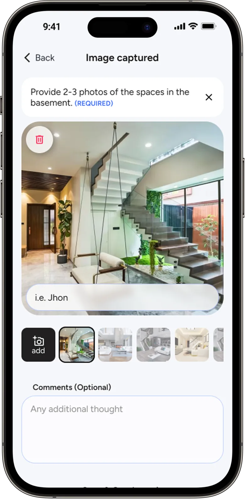 ROC app: a captured photo with its label and a comments field before saving