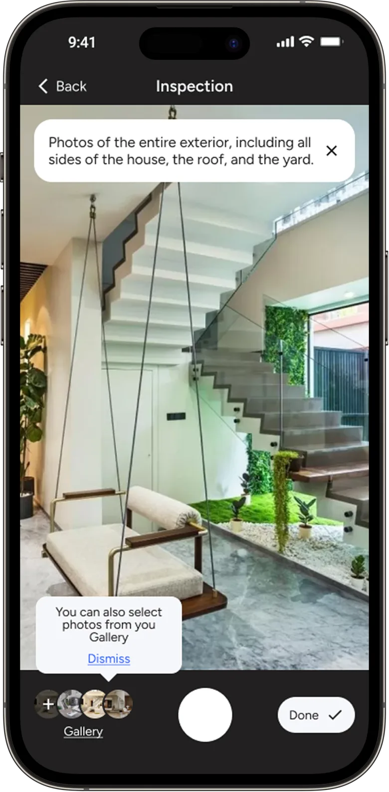 ROC app: the in-app camera with the gallery shortcut and the prompt for the shot