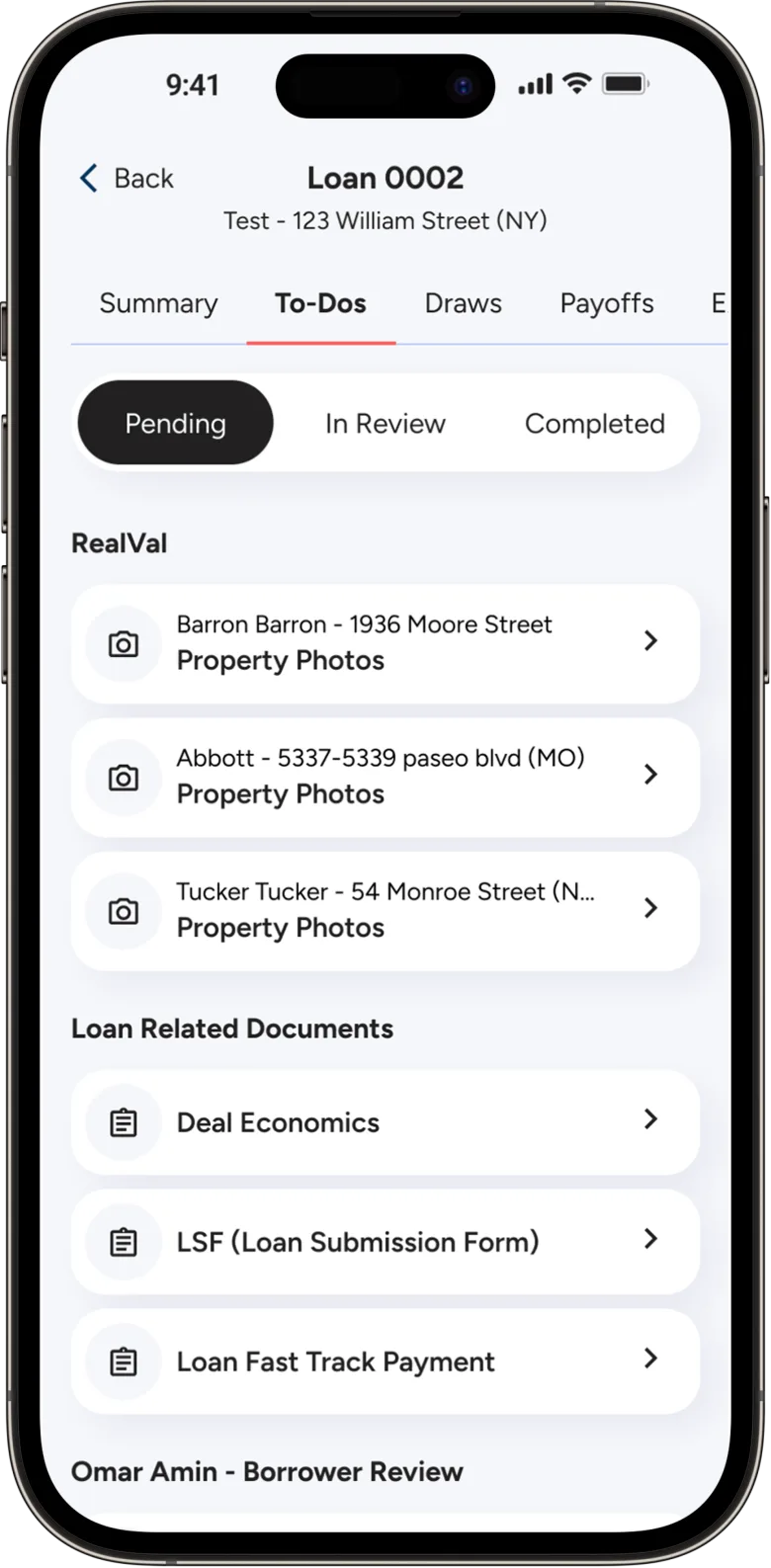 ROC app: the to-do list of a loan, grouped by property photos and loan documents