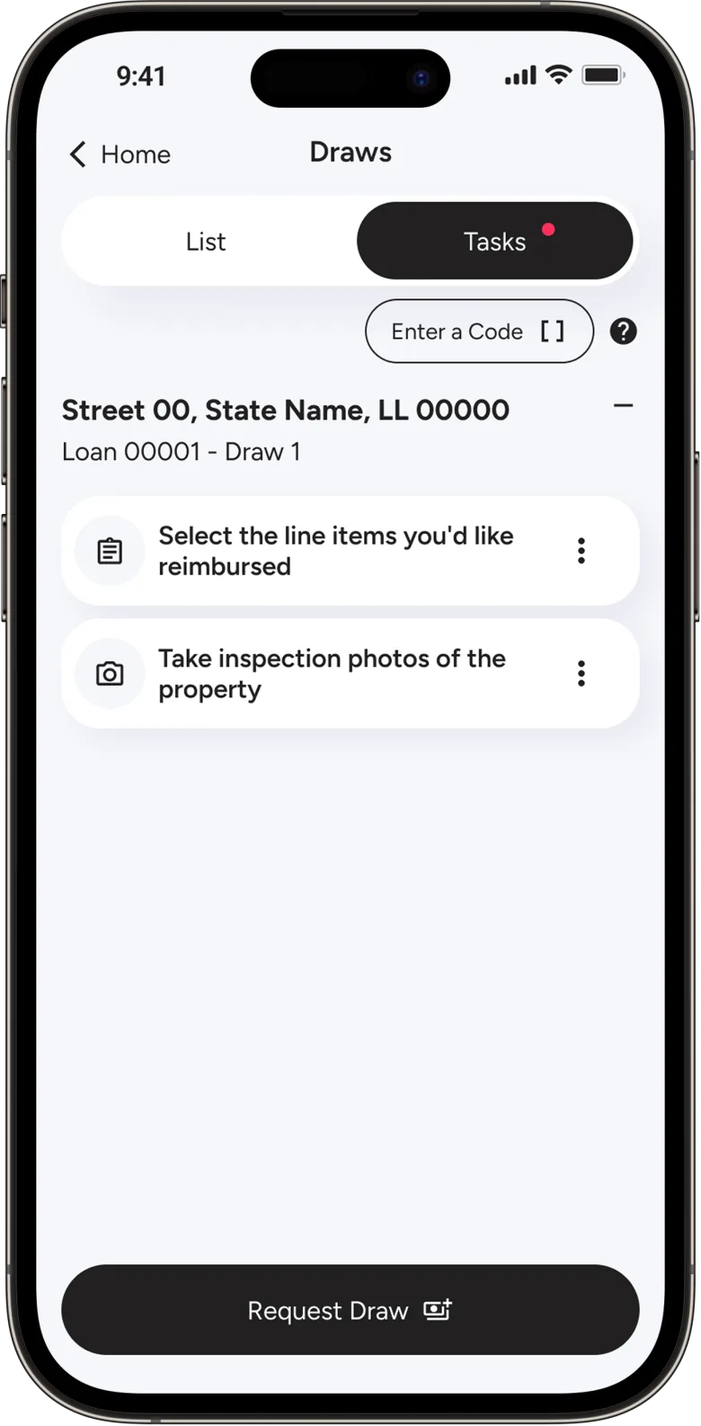 ROC app: the tasks of a draw, with the line items and the inspection photos to submit