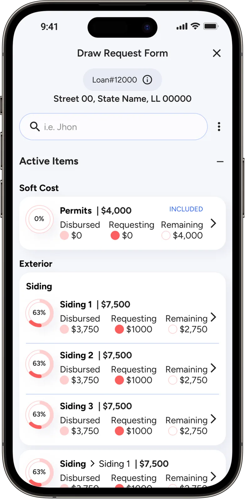 ROC app: the draw request form with each budget line, disbursed, requested and remaining