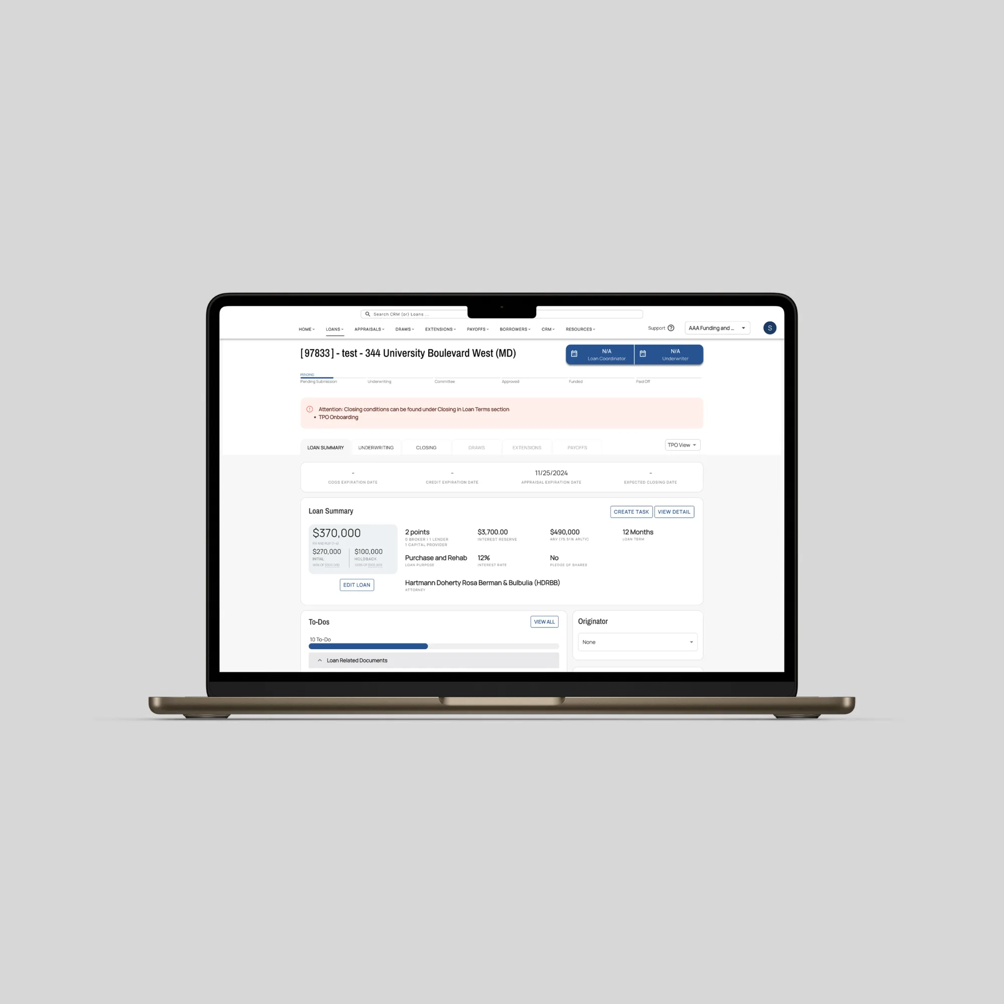 The platform before the redesign: a dense loan summary with stacked tabs and small type