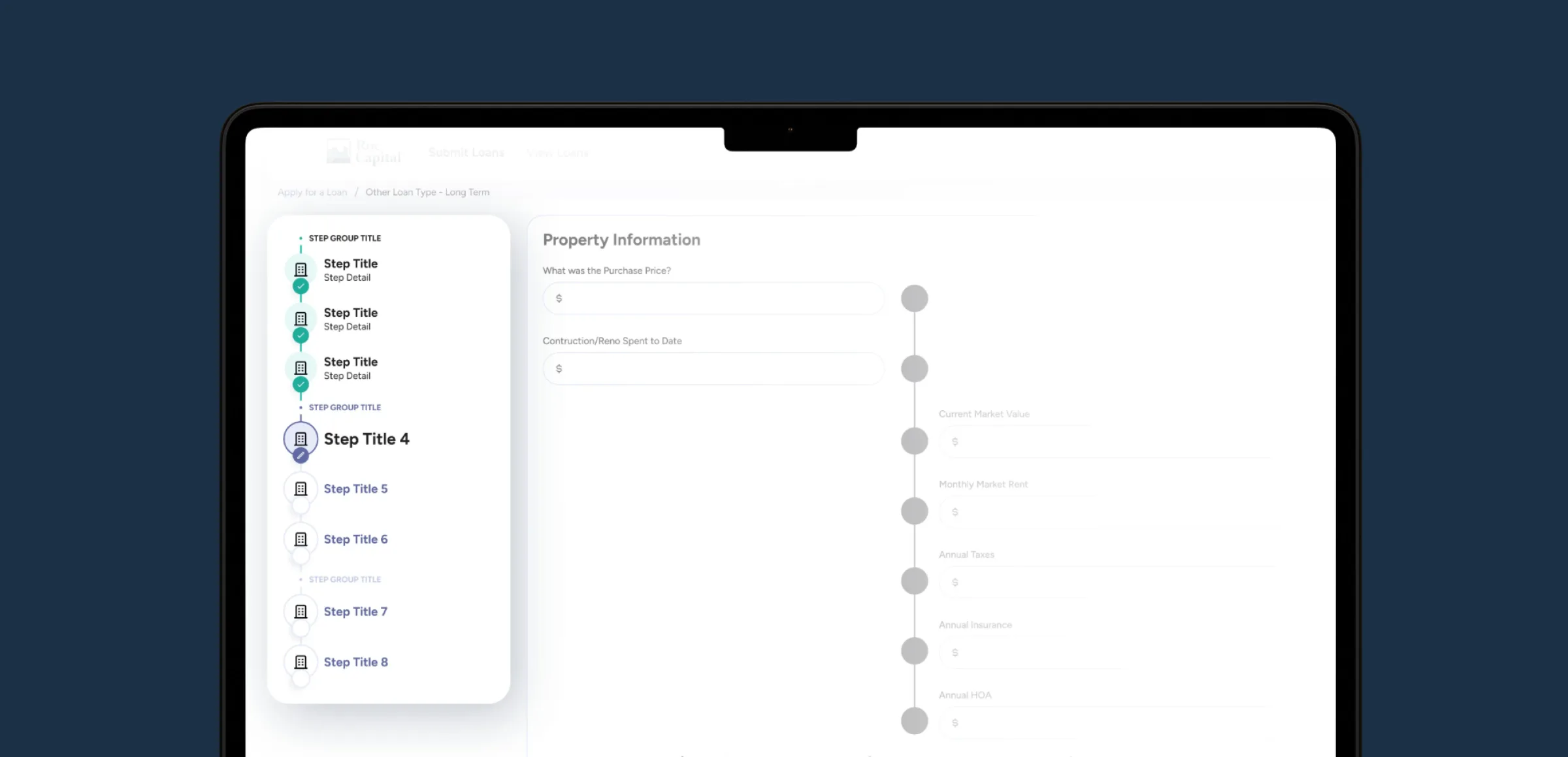 The stepper inside a real screen: the loan submission flow, with completed steps, the current step and the ones still ahead