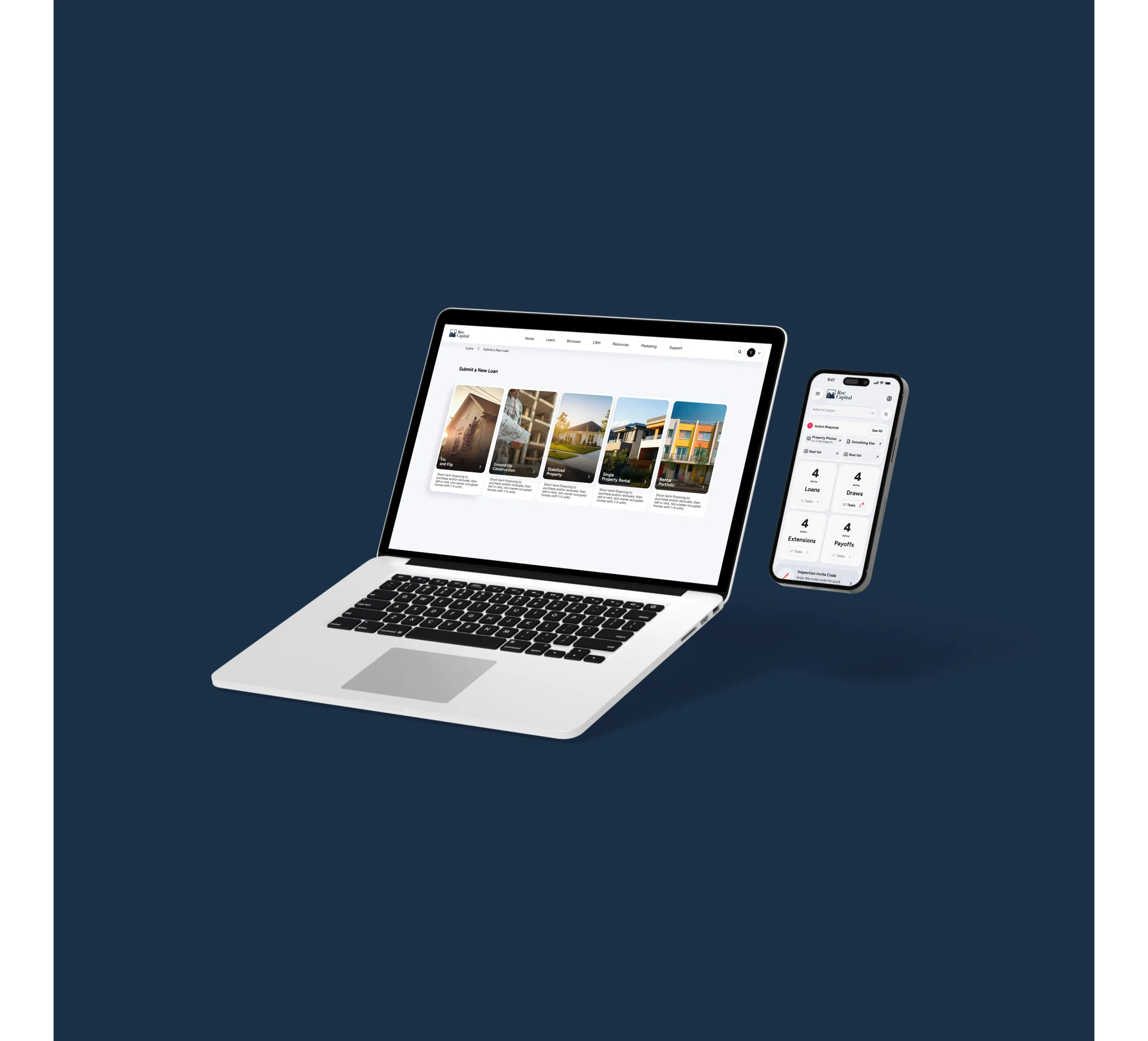 The ROC web platform and the borrower app side by side: choosing a loan type on the desktop, the home screen on the phone