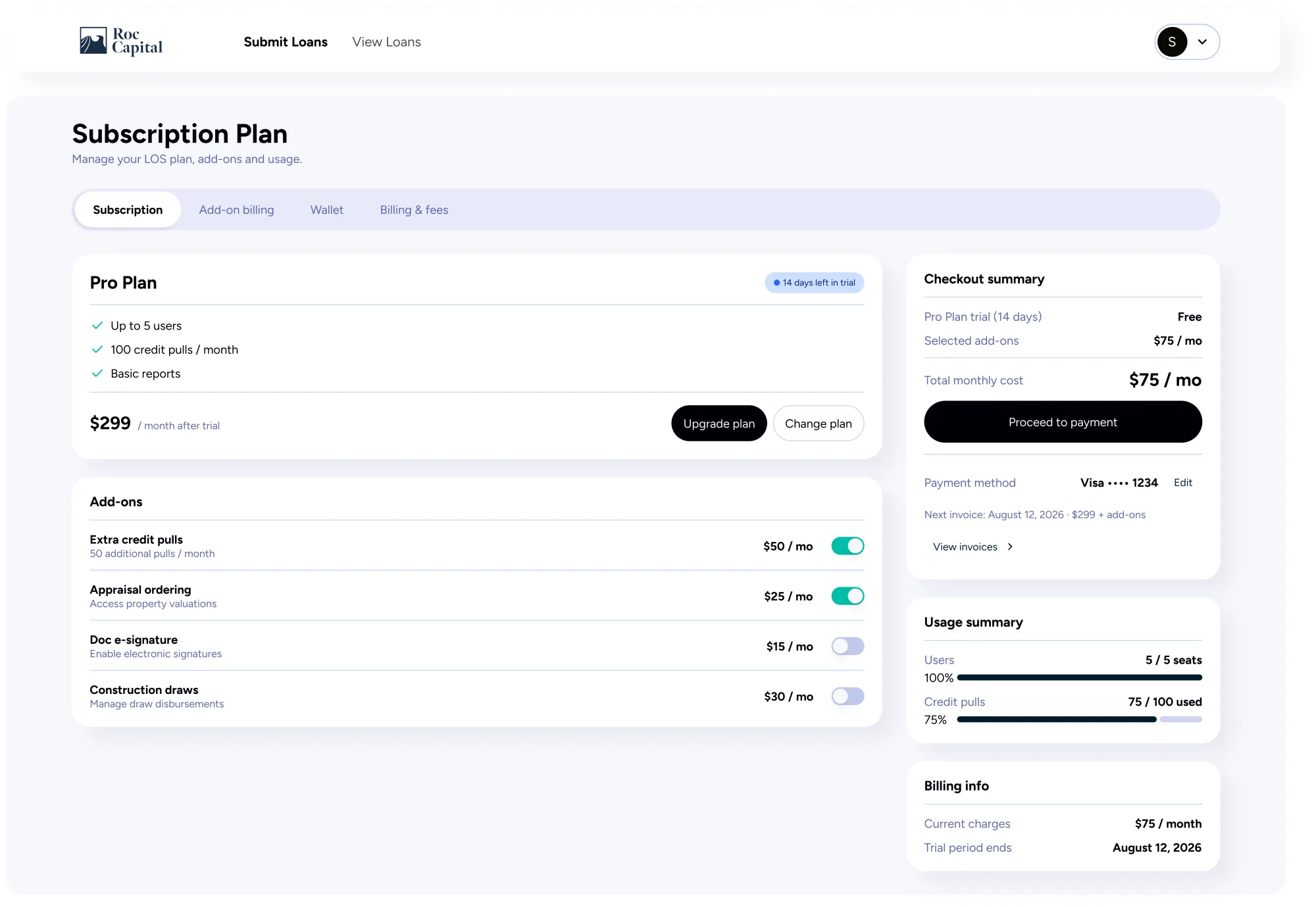Screen the agent produced: subscription plan with add-ons and checkout summary