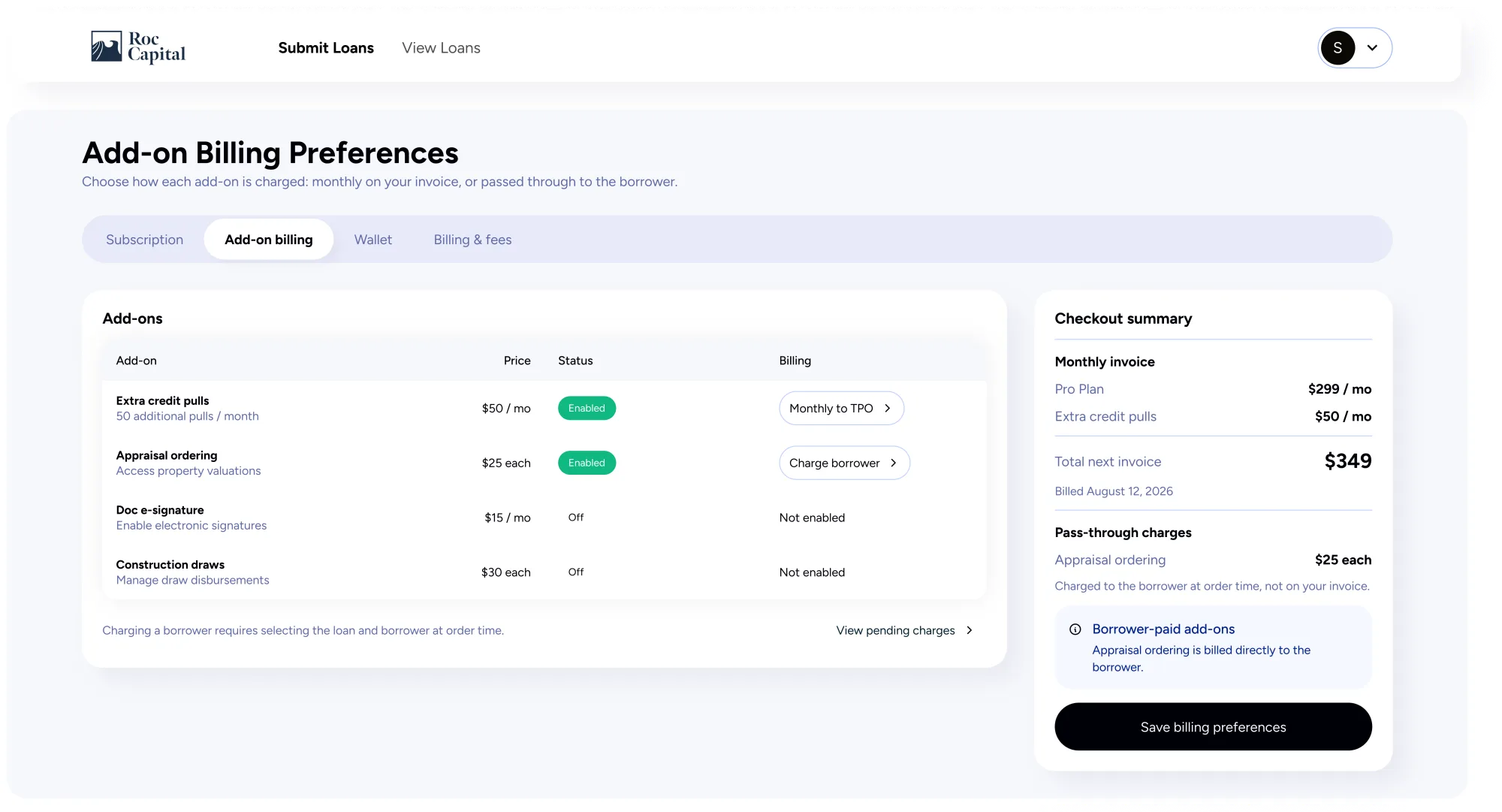 Screen the agent produced: add-on billing preferences, monthly or charged to the borrower