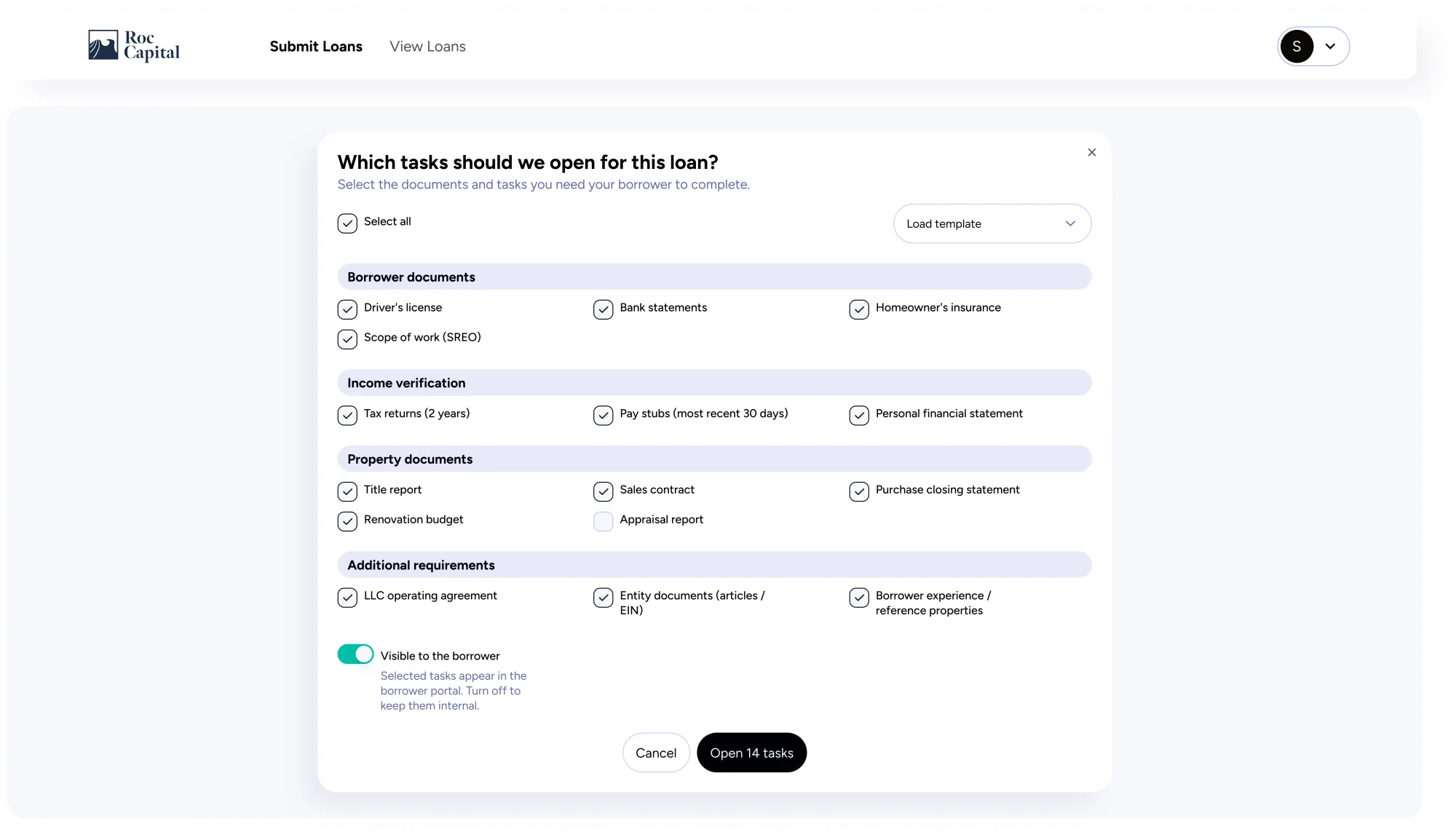 Screen the agent produced: the modal that opens borrower tasks for a loan
