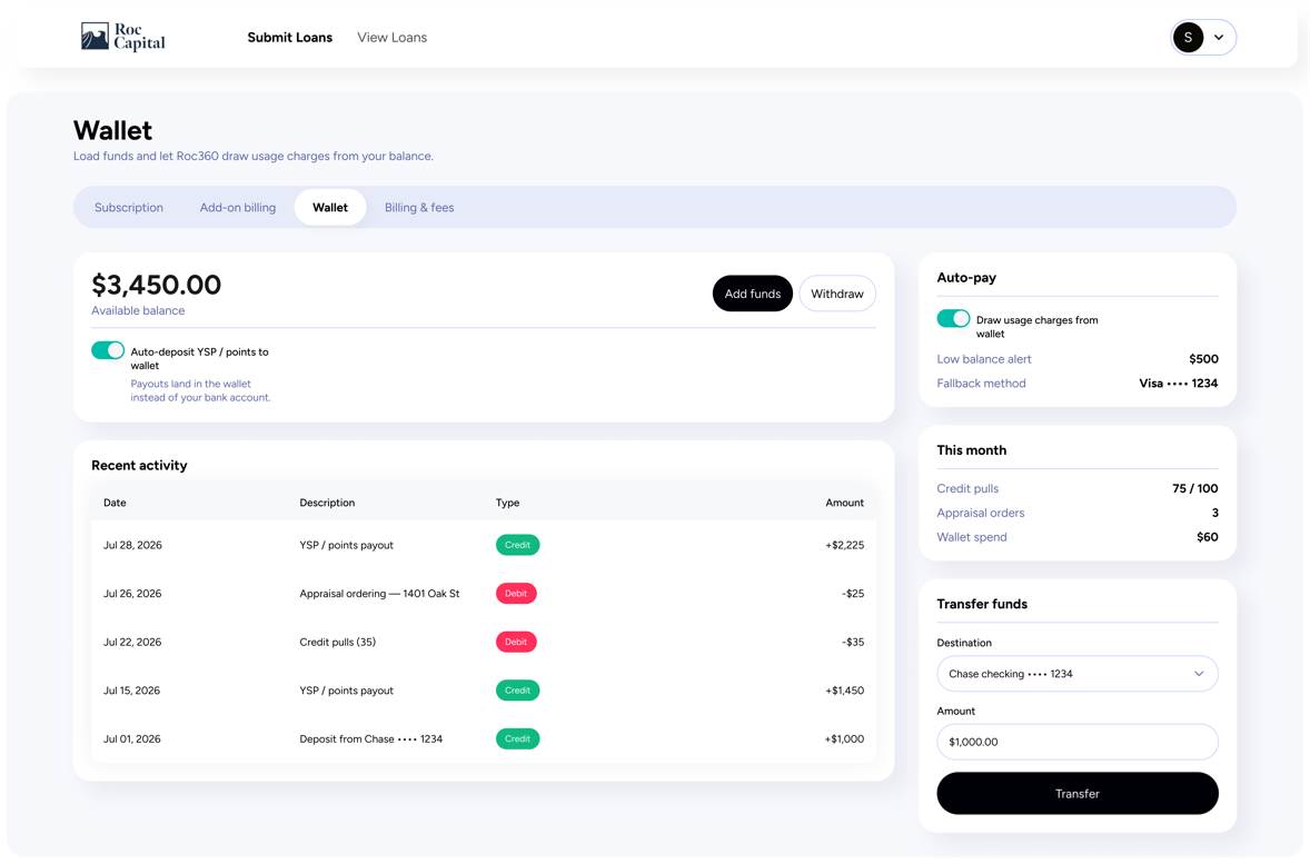 Screen the agent produced: the wallet, its balance, auto-pay and recent activity