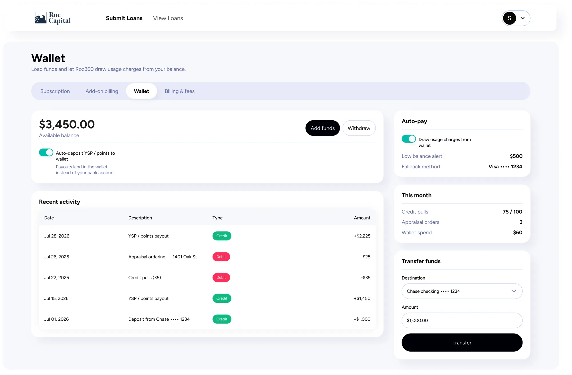 Screen the agent produced: the wallet, its balance, auto-pay and recent activity