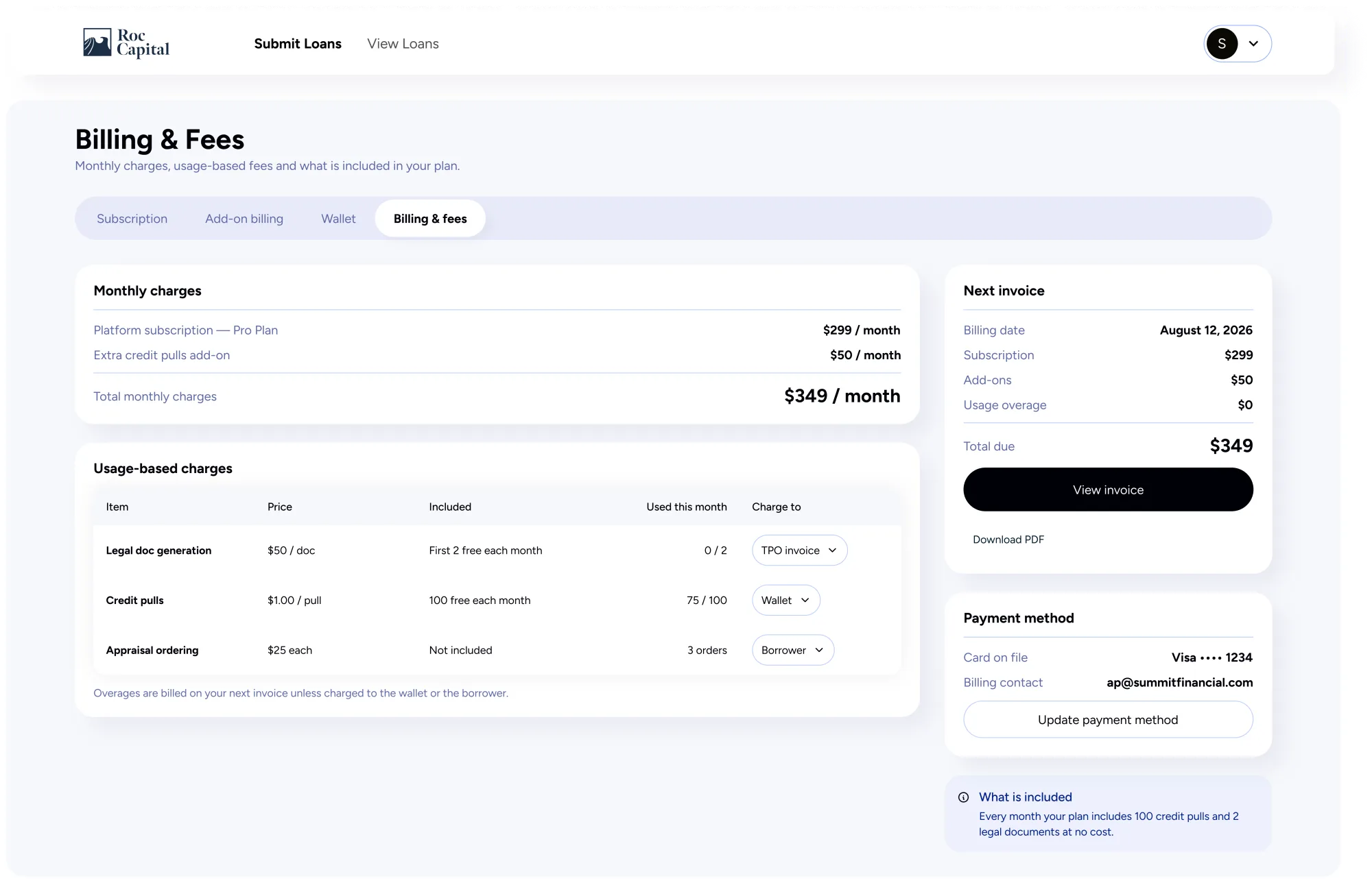 Screen the agent produced: billing and fees, with usage-based charges and the next invoice
